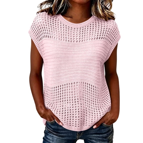 dazeni Womens Summer Cap Sleeve Tops Crochet Knit Crewneck Sweater Lightweight Hollow out Beach Vacation Cover ups Pink