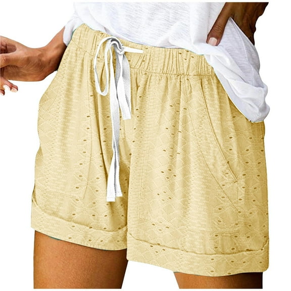 dazeni Womens Summer Shorts Trendy Eyelet Breathable Drawstring Shorts Loose Casual Bermuda Shorts with Pockets Lightweight Beach Outfits Yellow XL