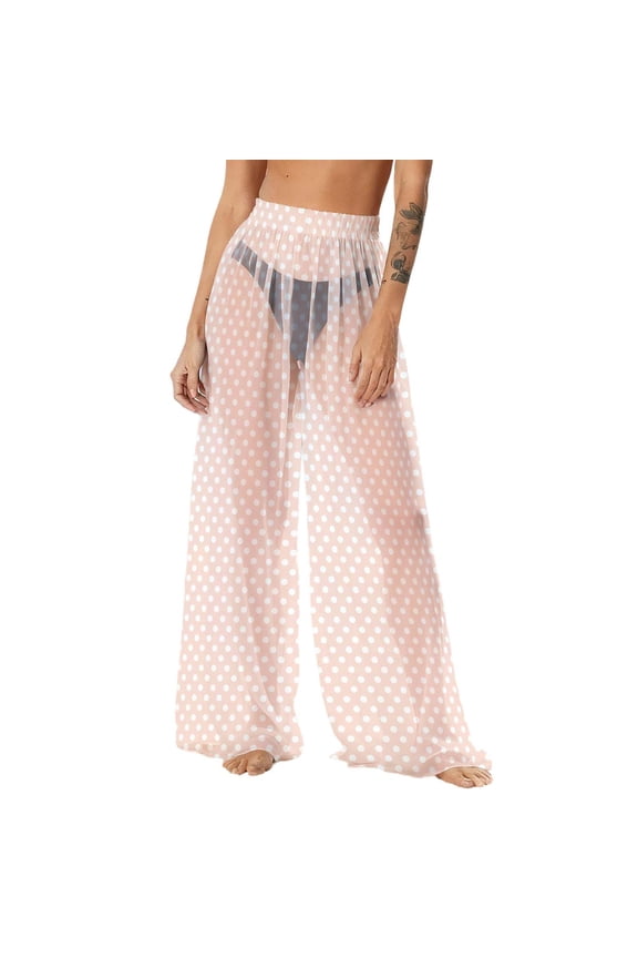 Womens Sun Protection Boho Cover up Pants Y2K Sheer Mesh Bikini Bottoms Swimsuit Summer Cover up Wide Leg Beach Palazzo Pants Beige Small