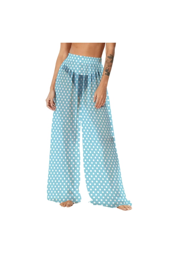 Womens Sun Protection Boho Cover up Pants Y2K Sheer Mesh Bikini Bottoms Swimsuit Summer Cover up Wide Leg Beach Palazzo Pants Sky Blue Medium