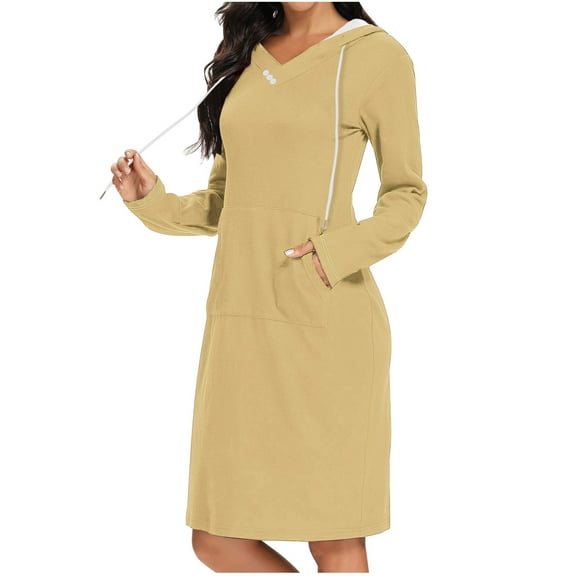 dazeni Womens Sweater Dresses Fall 2024 Casual Long Sleeve Drawstring Hoodies Sweatshirt Slim Fit Solid Color V Nneck Pullover Tunic Midi Dress