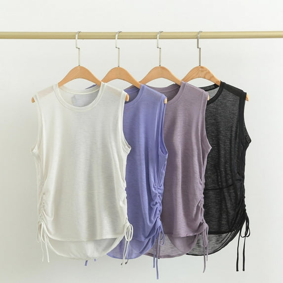 dazeni Womens Workout Athletic Shirts Mesh Sports Tank Tops Ruched Drawstring Sleeveless Crewneck Tee Gray Medium