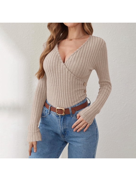 Wrap Tops for Women Fitted Long Sleeve Top Solid Casual Dressy Blouse Slim Fit V Neck Ribbed Knit Shirts Beige Small
