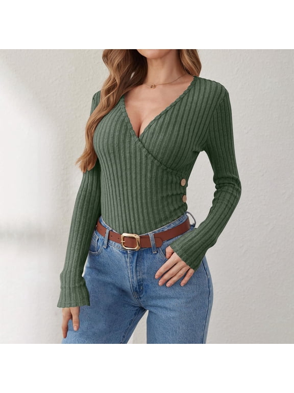 Wrap Tops for Women Fitted Long Sleeve Top Solid Casual Dressy Blouse Slim Fit V Neck Ribbed Knit Shirts Green Medium