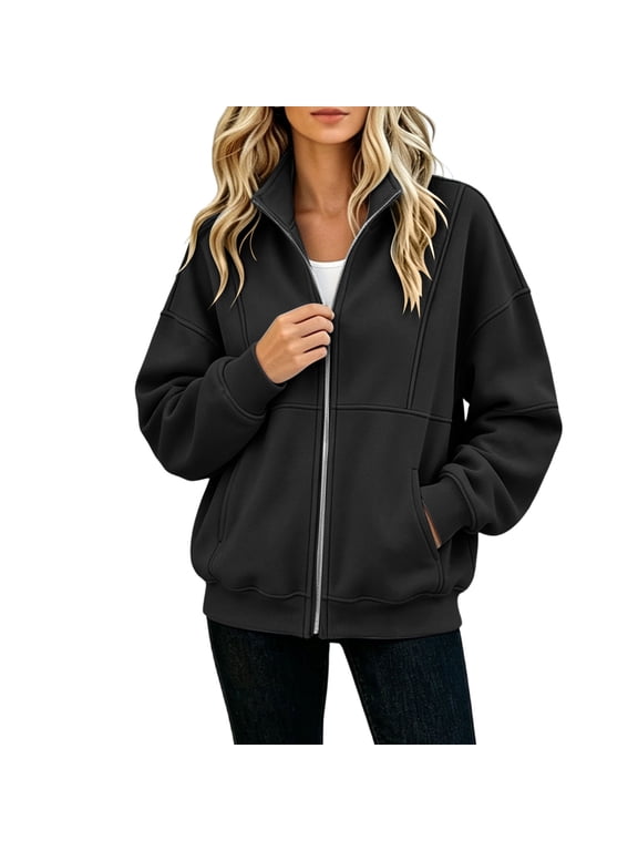 Zip up Jackets for Women No Hood Lightweight Long Sleeve Casual Coat Solid Fall Winter Fleece Lined Stand Collar Outwear with Pockets Black Large