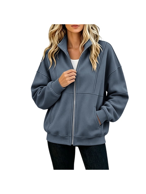 Zip up Jackets for Women No Hood Lightweight Long Sleeve Casual Coat Solid Fall Winter Fleece Lined Stand Collar Outwear with Pockets Gray Small