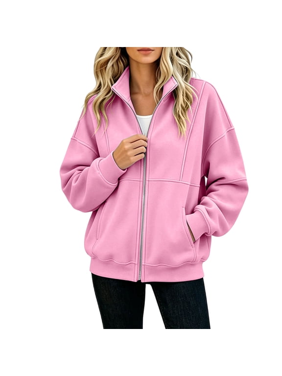 Zip up Jackets for Women No Hood Lightweight Long Sleeve Casual Coat Solid Fall Winter Fleece Lined Stand Collar Outwear with Pockets Pink X-Large
