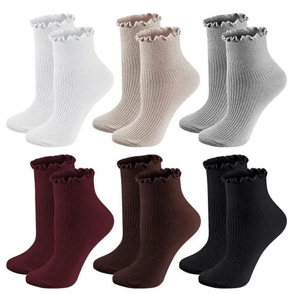 daznei 6 Pair Ankle Ruffle Socks for Women Cute Crew Breathable Frilly Sock Solid Color Ribbed Knit Low Cut Cotton Socks Free Size Beige Free Size