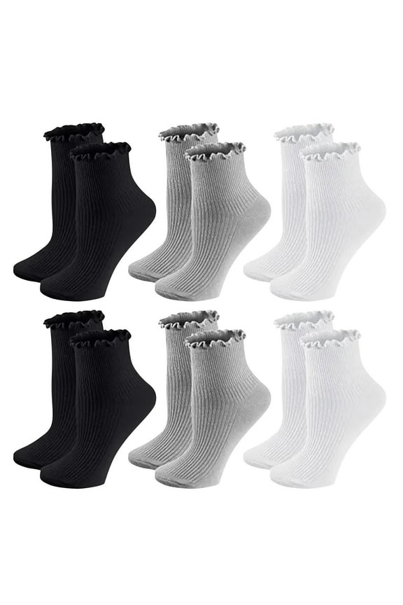 daznei 6 Pair Ankle Ruffle Socks for Women Cute Crew Breathable Frilly Sock Solid Color Ribbed Knit Low Cut Cotton Socks Free Size Gray Free Size
