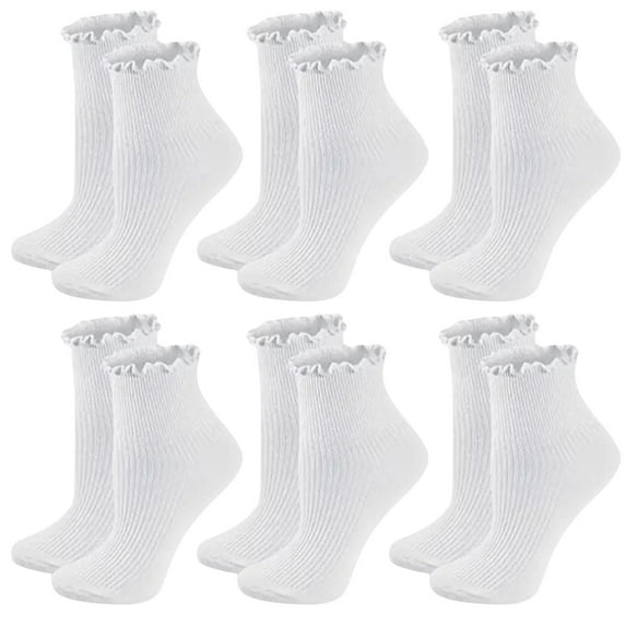 daznei 6 Pair Ankle Ruffle Socks for Women Cute Crew Breathable Frilly Sock Solid Color Ribbed Knit Low Cut Cotton Socks Free Size White Free Size