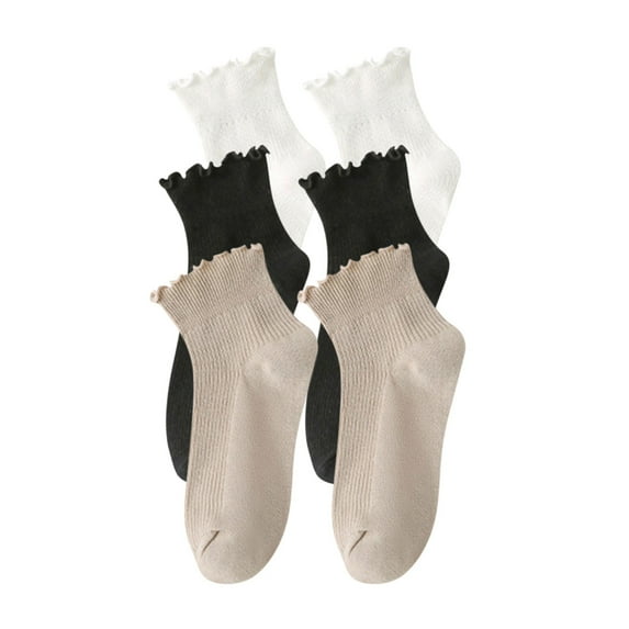 daznei Womens Ruffle Cotton Cute Frilly Trim Crew Socks Breathable Ruffled Ankle Socks 3 Pack Solid Color Casual Socks Brown Free Size