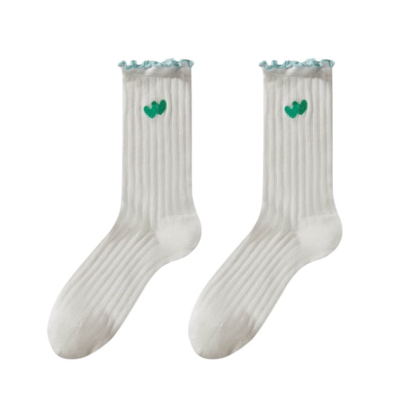 daznei Womens Socks Comfy Crew Socks Cute Love Heart Print Frilly Trim Breathable Ankle Socks Ultra Stretchy Ruffle Mid Cut Cotton Sock White Free Size