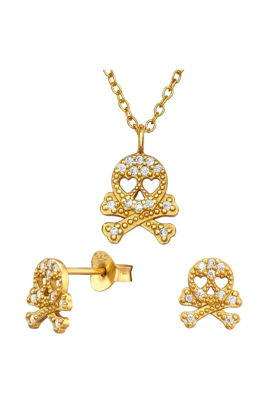DB Deadbeat 925 Silver 24K Gold Plated CZ Skull & Crossbones Necklace & Ear Stud Gift Set for Women
