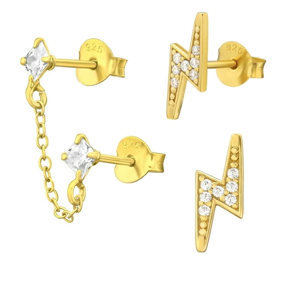 DB deadbeat 925 Silver & 24K Gold Plated Lightning Bolt & Double CZ Single Ear Stud Women's Gift Set
