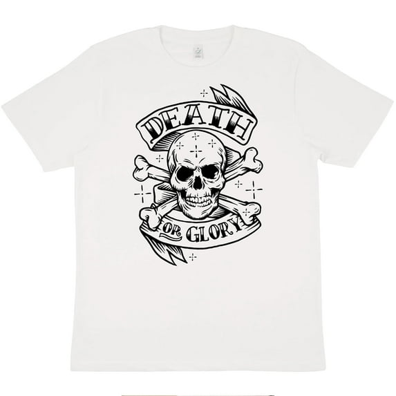 DB Deadbeat "Death or Glory" Skull Motif Screen Print Eco-Friendly White T-Shirt, Men's & Unisex