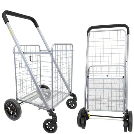 dbest products Cruiser Cart Deluxe 2 Shopping Grocery Rolling Folding Laundry Basket on Wheels Foldable Utility Trolley Compact Lightweight Collapsible, Silver