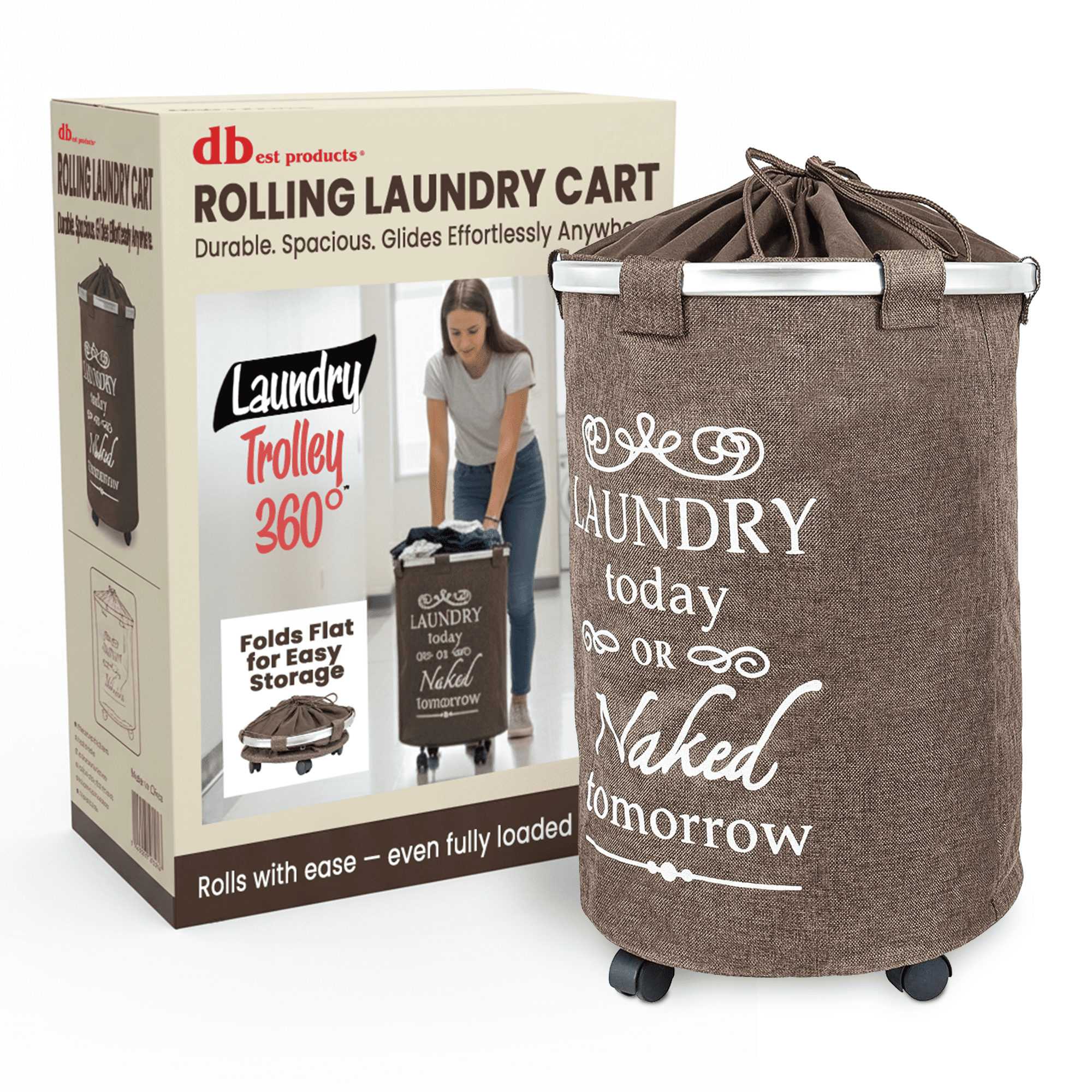 dbest products Laundry Trolley 360 Bag Hamper Basket Cart with Swivel Wheels Sorter, Brown