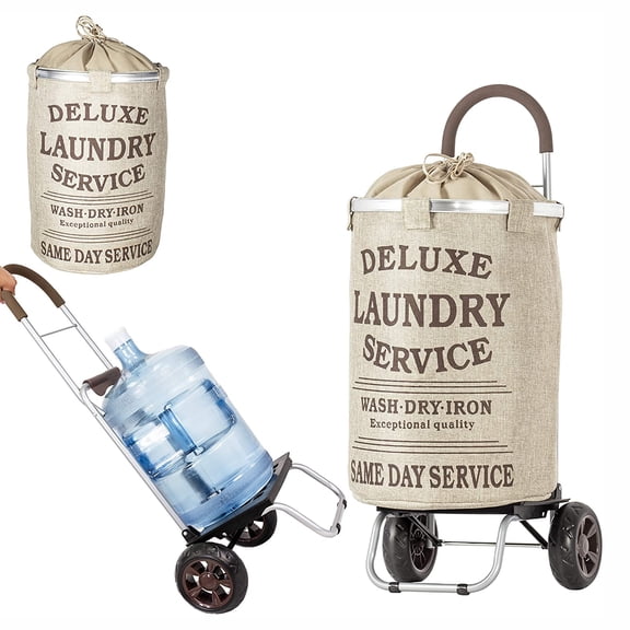 dbest products Laundry Trolley Dolly with Beige Hamper Bag and Wheeled Cart