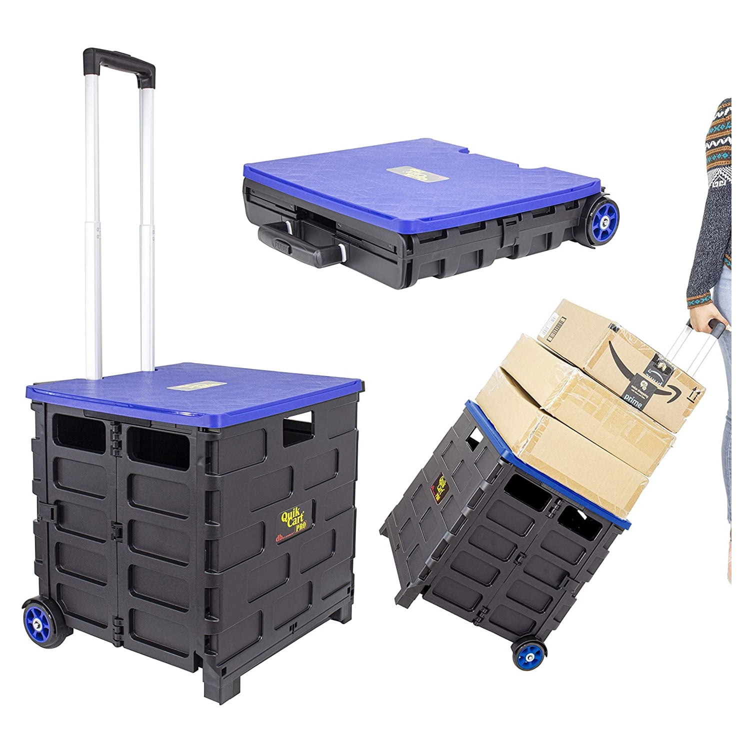 Blue and Black Aluminum Collapsible Wheeled Utility Cart with Seat