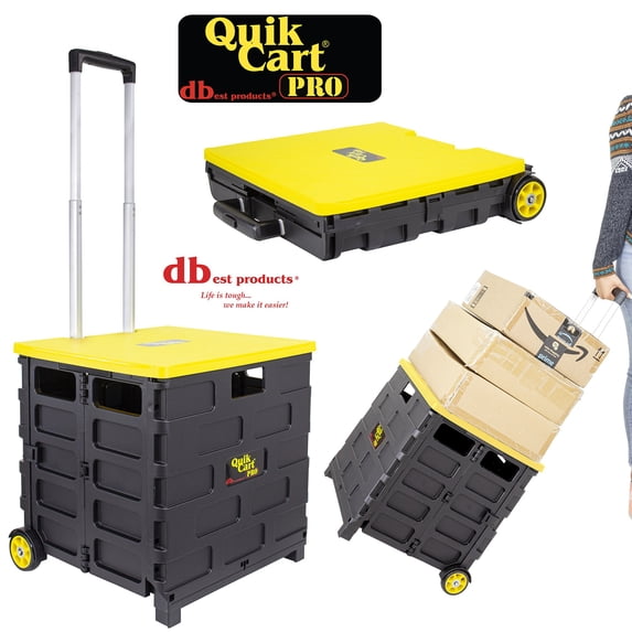 dbest products Quik Cart Pro Collapsible Handcart with Lid Seat Stool, Yellow