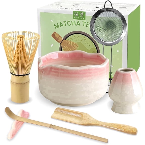 Ddluck 7-Piece Ceramic Matcha Tool Set, Gradient Pink Tea Bowl Kit for Matcha Beginners