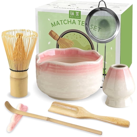 Ddluck 7-Piece Ceramic Matcha Tool Set, Gradient Pink Tea Bowl Kit for Matcha Beginners