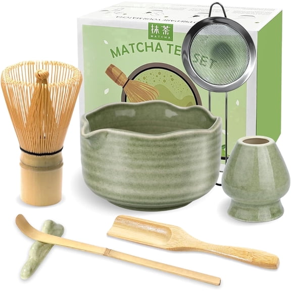 ddLUCK Matcha Tea Bowl Ceramics Tool Retro Green (Smudged Color) 7-Piece Set for Matcha Lovers