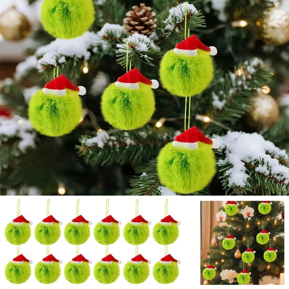 ddioayh 12PCS Green Furry Christmas Balls - 6cm Durable Spandex, Tree Hanging Decor