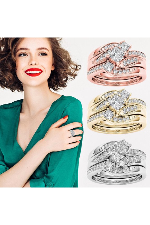 3Pcs Imitation Diamond Ring Set with European And-Set Zircon for Engagement Wedding Gift