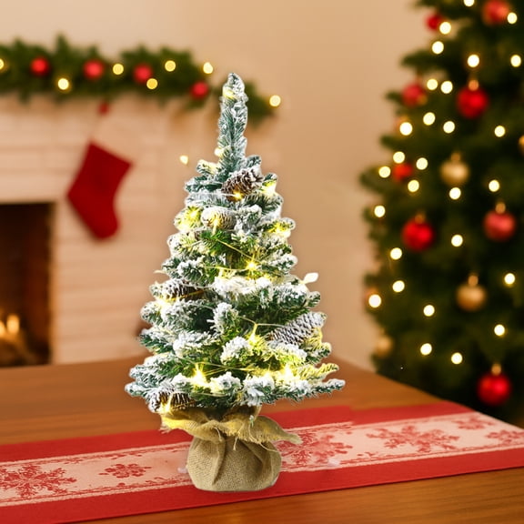 ddioayh 45cm LED Lighted Snow Flocked Tabletop Christmas Tree with Warm White Lights, Green Artificial Pine for Farmhouse Holiday Decor, Indoor Home Party Window Walkway Decoration