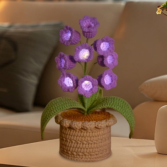 ddioayh Artisanal Hand-Crocheted Lily of the Valley Plant Pot with 9 Flowers and LED Lights Milk Yarn Desktop Ornament for Home Office Desk Decoration Gift