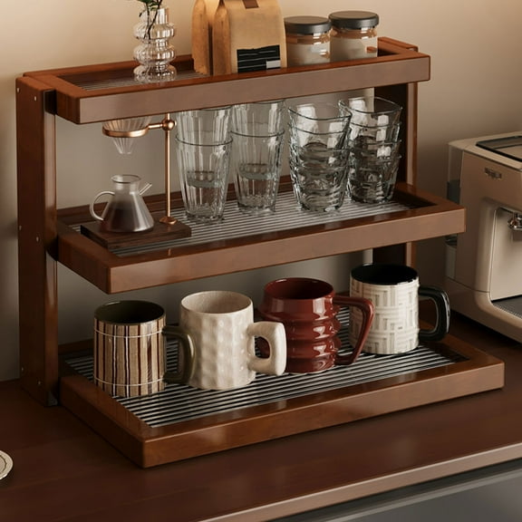 ddioayh Bamboo 3-Tier Desktop Storage Organizer, Wooden Display Shelf for Kitchen, Dining Table, Tea Room - Multipurpose Coffee Cups & Tea Sets Holder, Farmhouse Style Natural Decor