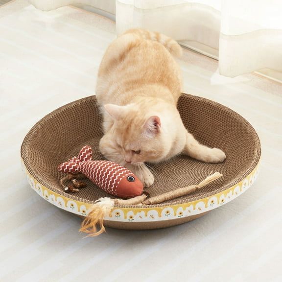 ddioayh Cat Scratching Bed & Oval Cat Nest with Thickened Cardboard, 30x30x8cm Durable Furniture Protector, Yellow Cat Scratching Post for Indoor Cats