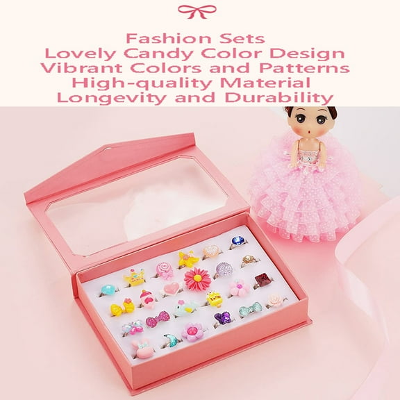 ddioayh Children's Jewelry Rings 24 Pieces with Unique Non-Duplicate Designs, Adjustable for Little Fingers, Durable Alloy Construction, in Gift Box for Birthday Parties and Pretend Play
