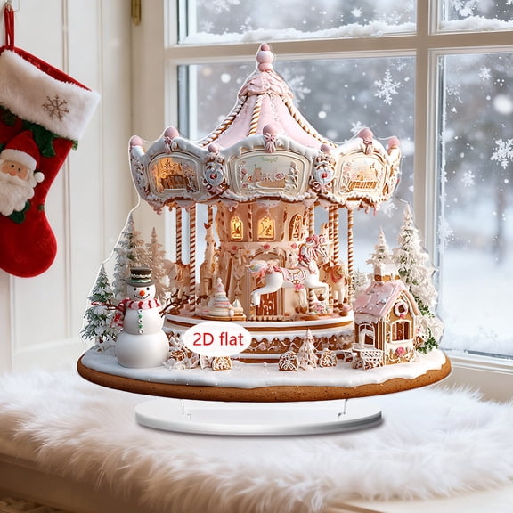 ddioayh Christmas 2D Acrylic Tabletop Decor Set - 4 Festive Scenes with Ferris Wheel, Carousel, Castle & Cake, High-Quality Clear Acrylic, Self-Standing Holiday Decorations for Home, Kitchen, Mantel