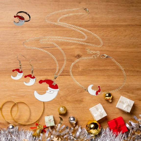 ddioayh Christmas Jewelry Set Santa Claus Alloy Holiday Necklace Earrings Ring Bracelet Combination 46cm for Women Party Gift