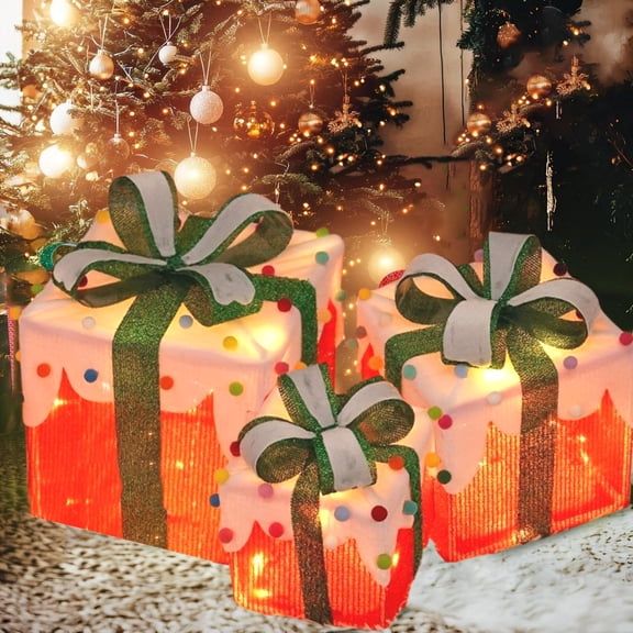 ddioayh Christmas Lighted Boxes Set of 3, LED Outdoor Holiday Decor with 8 Lighting Modes, Waterproof PVC Gift Boxes for Yard Decorations (White , 900g/1.98lb)