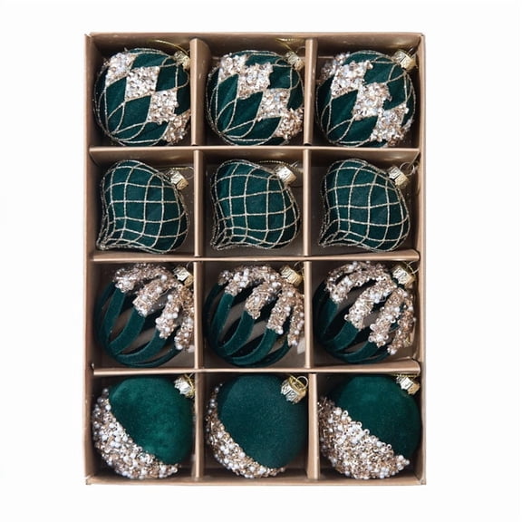 ddioayh Christmas Ornament Set 12PC 6cm Hand-Painted Flocked Hollow-Out Decorations with Rhinestones, Gold String & Reusable Storage Box for Festive Tree Decor