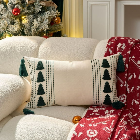 ddioayh Christmas Pillow Cover Embroidered Christmas Tree Design Green & White Tassel Decoration Cushion Cover for Sofa Bedroom Holiday Decor 30x50cm