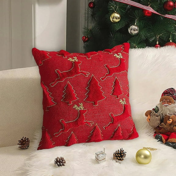 ddioayh Christmas Tree Embroidered Decorative Throw Pillow, 45x45cm Soft Drop-resistant Cushion with Invisible Zipper for Sofa Bed Living Room Holiday Decor
