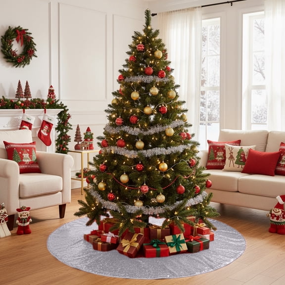 ddioayh Christmas Tree Skirt Sparkling Round Sequins Decorative Mat for Xmas Home Decor, Gold/Red/Silver/Blue/Yellow/Pink/Sky Blue, 21.2x21.2 Inch Non-Slip Durable Floor Carpet