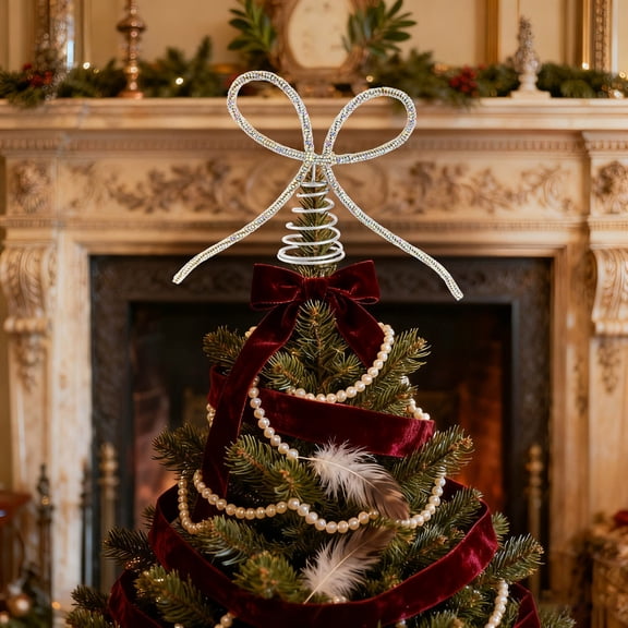 ddioayh Christmas Tree Topper Elegant Metal Rhinestone Bow with Spring Base Secure Attachment for Medium Large Christmas Trees Holiday Decor