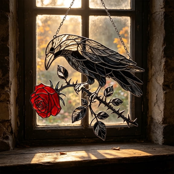 ddioayh Clearance Crow and Red Rose Acrylic Hanging Ornament Gothic Style Wall Decor for Home Window Door Pendant Decoration Goth Style Ornament