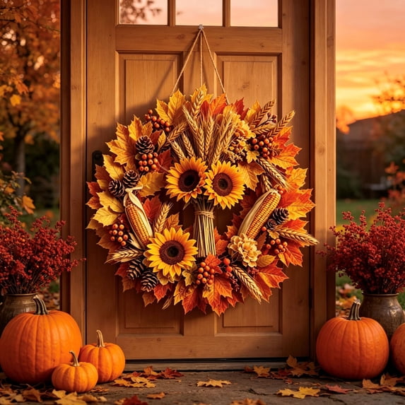 ddioayh Clearance Harvest Wreath for Front Door, Fall Artificial Foliage Wreath for Porch Wall and Entryway, Autumn Thanksgiving Decor