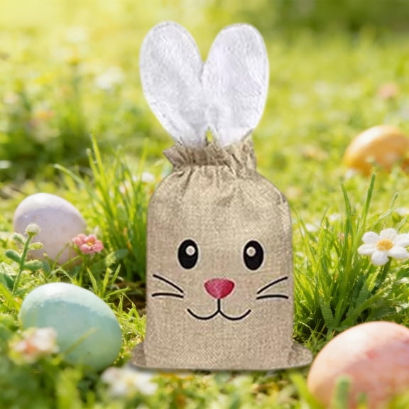 ddioayh Drawstring Bag with Fluffy Ears Bunny Design for Easter Parties Candy Gifts Made from Linen Material Secure Drawstring Closure