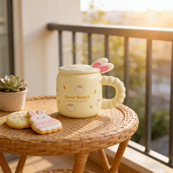 ddioayh Easter Bunny Ceramic Mug Set With Lid Spoon Gift Box 21.5×17.5×11.8cm 700g Cute Coffee Tea Cup For Holiday Gift