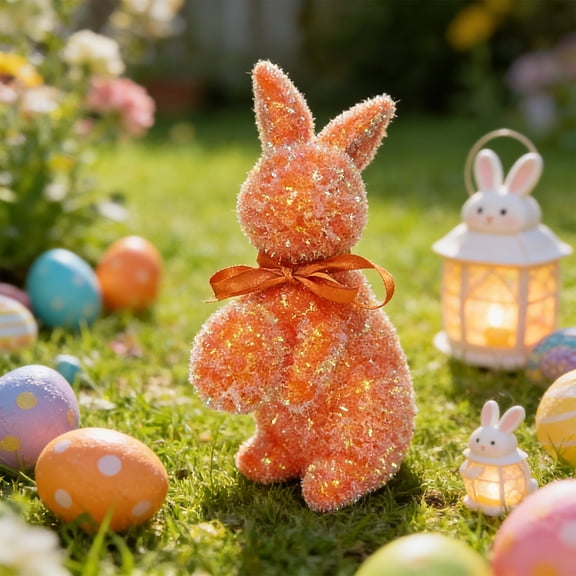ddioayh Easter Bunny Ornament Glittery Textured Multi-Expression Simulation Flock Bunny with Satin Bow for Home Garden Patio Outdoor Decor