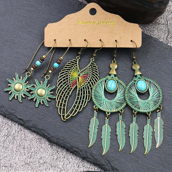 ddioayh Ethnic Style Hollow Alloy Earrings Set with Turquoise & Tassel Design for Women, Multicolor Bohemian Jewelry for Weddings & Parties, 15cm Lightweight Accessory Gift