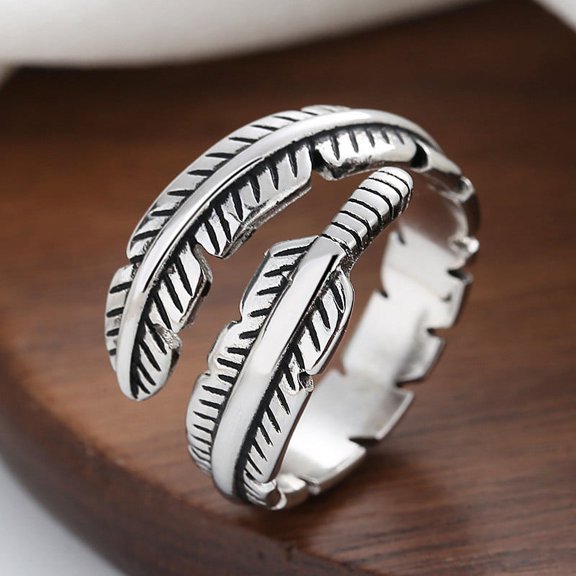 ddioayh Fashion Retro Feather Open Ring for Men and Women Leaf Design Statement Jewelry