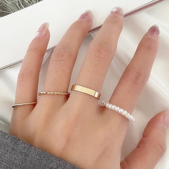 ddioayh Fashion Rings Set 4Pcs Alloy and Pearl Minimalist Stackable Rings for Women and Girls Simple Elegant Design Daily Wear Jewelry Accessories Gift Idea